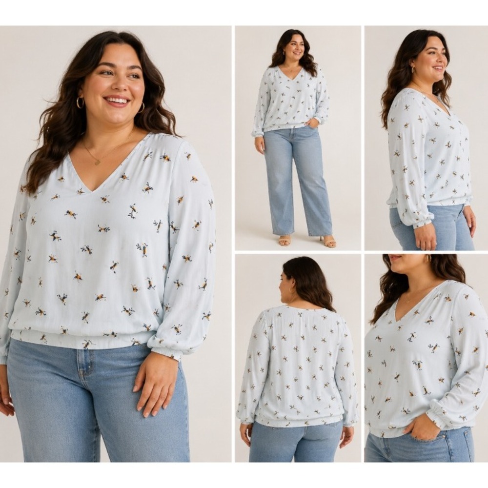 Bird Print Lightweight V-Neck Blouse Womens XL A New Day